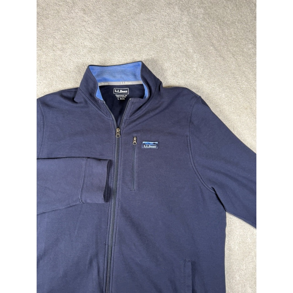 LL Bean Full-Zip Large Reg Navy Blue Comfort Stretch Pique Sweater 513823 - Picture 2 of 10